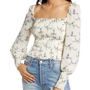 Reformation Cream and Blue Floral Blouse